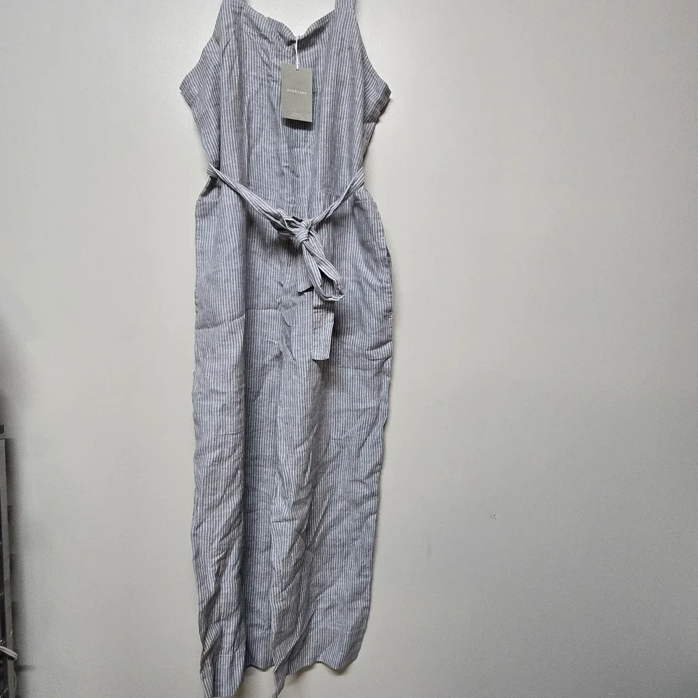 Everlane Women's Linen Jumpsuit Sz 14 Gray White Stripe Tie Waist Sleeveless NWT